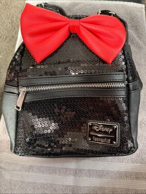 Loungefly Black Sequin Minnie Backpack with Red Bow